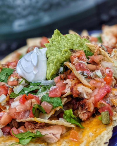 Superbowl Chicken Nachos with Avocado Jalapeño Crema Recipe